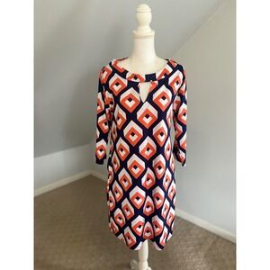 Tracy Negoshian Geometric Print Dress Keyhole Neckline 3/4 Sleeve Size‎ L